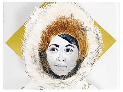  lisa solomon But Where Are You From From? Inuit 2022, watercolor, embroidery, metallic paper, pins on yupo paper, 14x11 inches