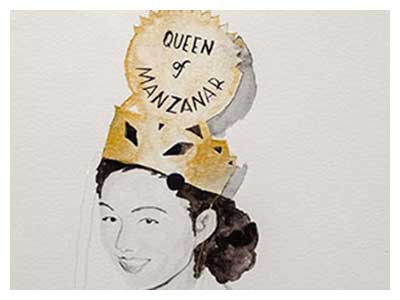 lisa solomon Queen of Manzanar, 2019, watercolor on paper, embroidery, Japanase hand made washi on panll, 12 x 9 inches