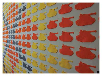 lisa solomon art - synchronized tanks -orange, yellow and charcoal argyle at Koumi Machi Museum, Japan